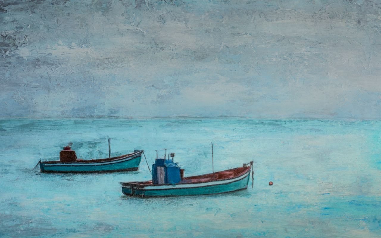 Mixed media artwork of two fishing boats on textured blue water