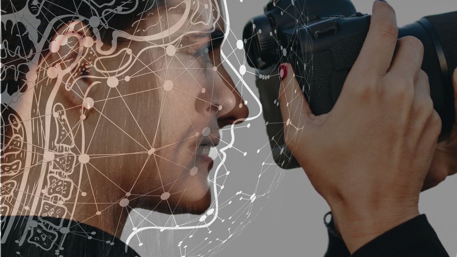 A photographer at the viewfinder, drawn over with a network of thinking lines