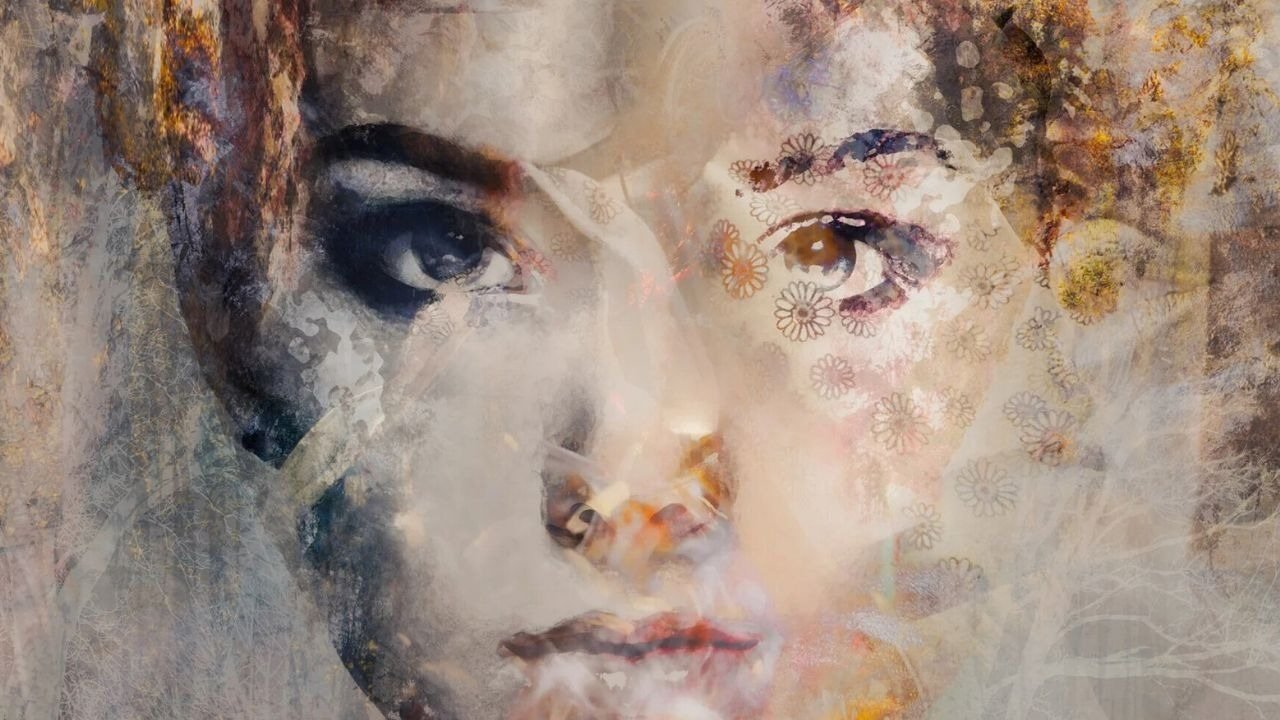 A portrait of a woman layered with paint textures, photography taken into art