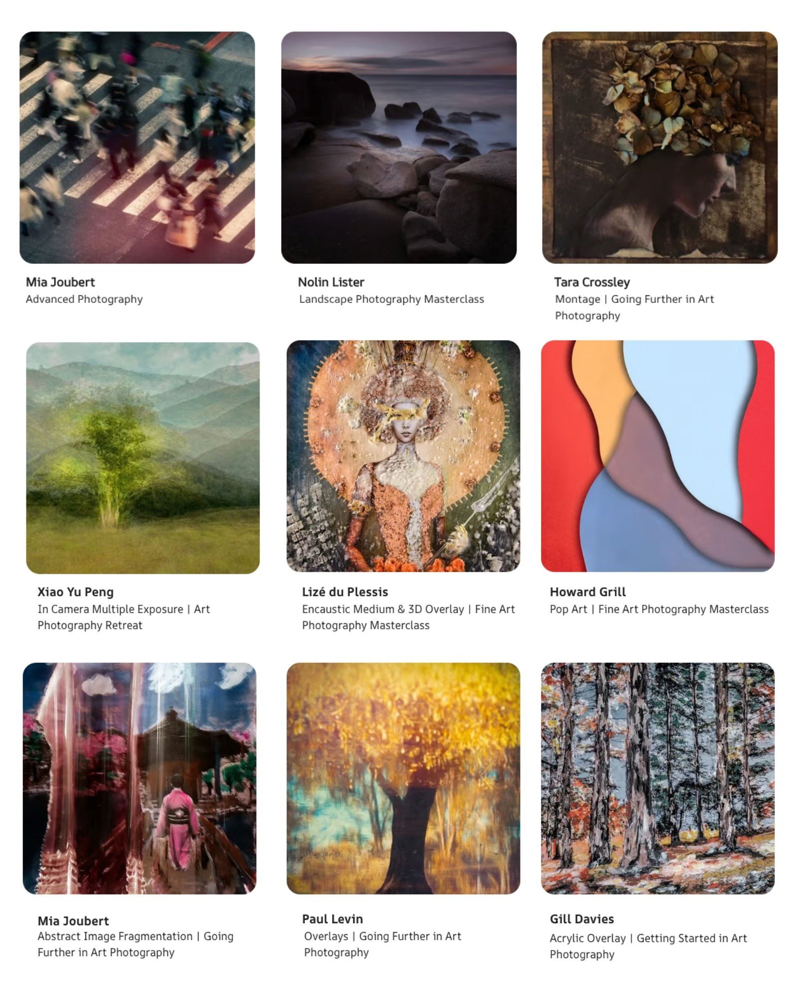 Nine photographs made by students of the photography courses